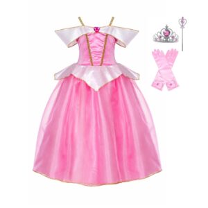 Roze prinsessenjurk met tule rok, glanzend satijnen lijfje, gouden details, witte schouderkraag en een fonkelend roze hartje.
