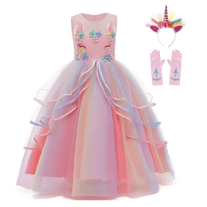 Roze Eenhoorn prinsessenjurk met haarband en handschoenen