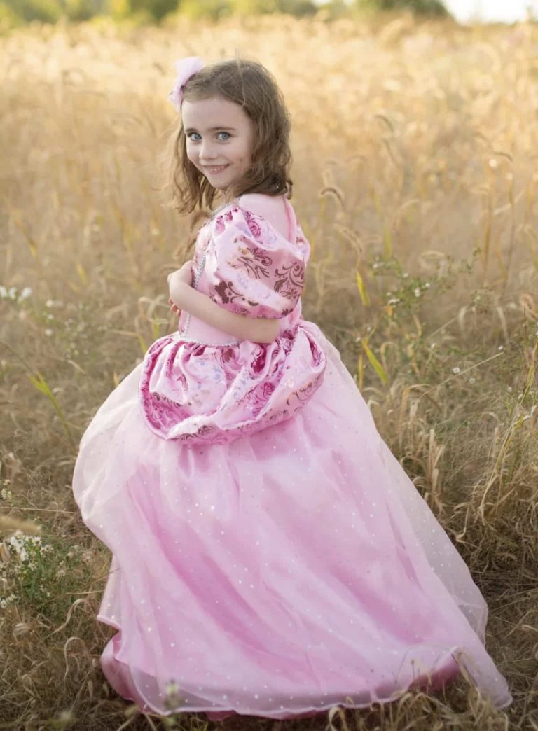 Meisje draagt een roze prinsessenjurk met gebloemd lijfje en wijde rok met glinsterende tule in een veld