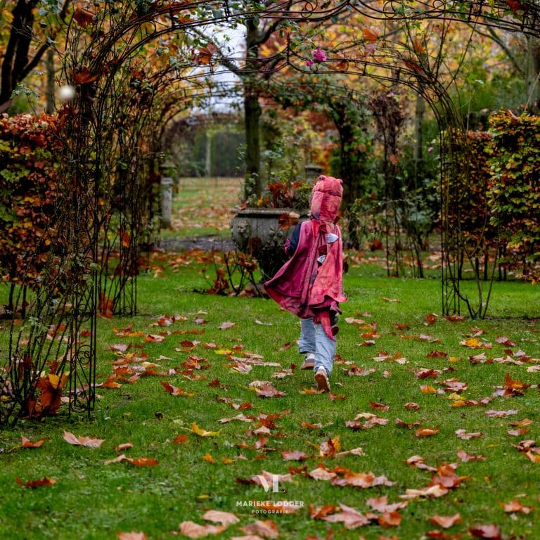 Kind draagt een roze-rode dinosaurus cape en rent door een herfstige tuin, van achteren gezien