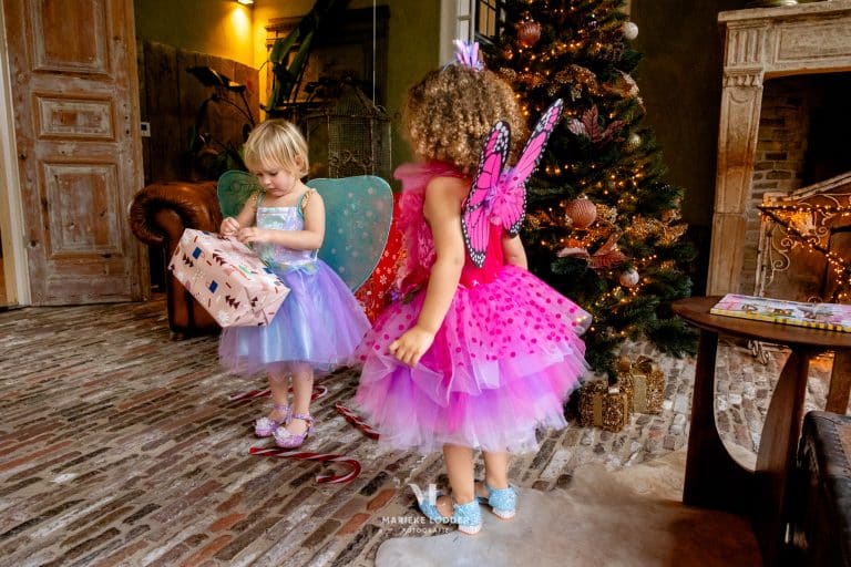 Roze elfjes jurken: meisje draagt de elfjesjurk met vlindervleugels en meerlaagse tule rok bij de kerstboom