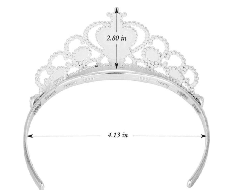 Zilverkleurige prinsessen kroon van Het Betere Merk, afgebeeld als tiara met aangegeven breedte en hoogte
