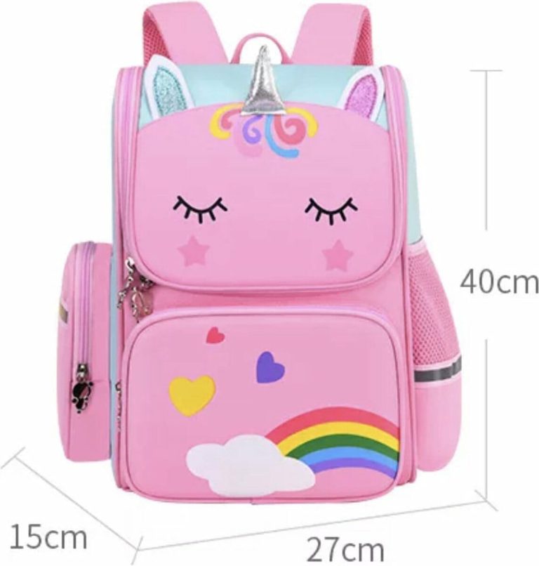 Roze rugtas unicorn met eenhoornoren, gesloten voorvak, regenboog en afmetingen van 40 bij 27 bij 15 centimeter