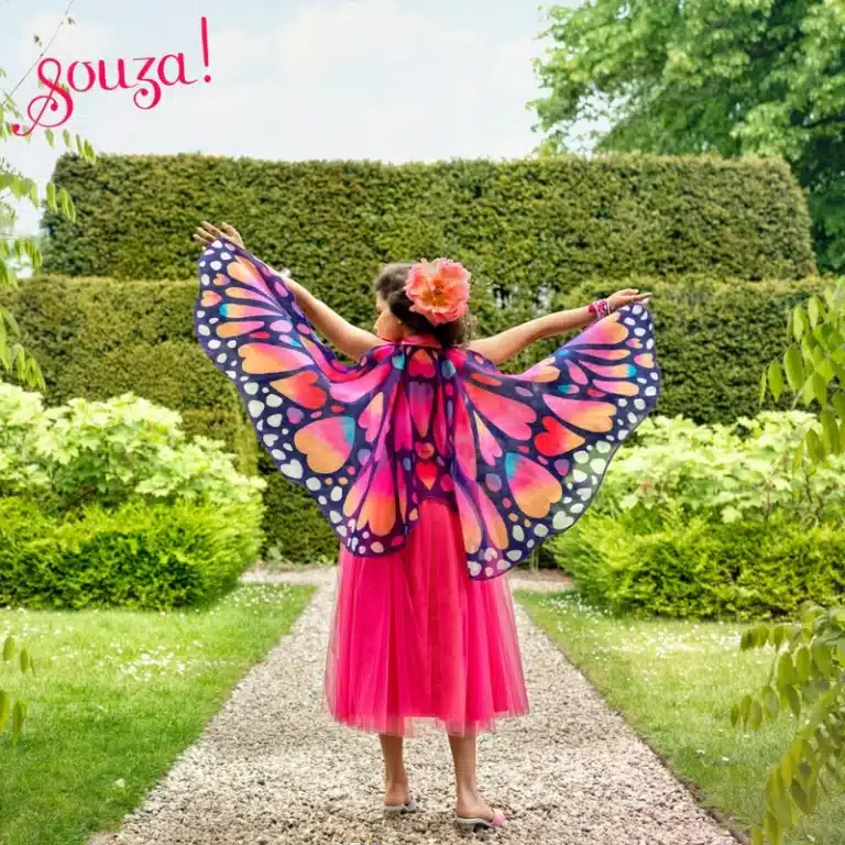 Achteraanzicht van een meisje in de Papillon-prinsessenjurk met grote kleurrijke vlindervleugels en roze tule rok
