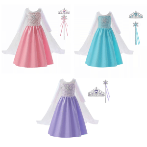3 Elsa jurken - blauw - roze - paars + compleet accessoireset