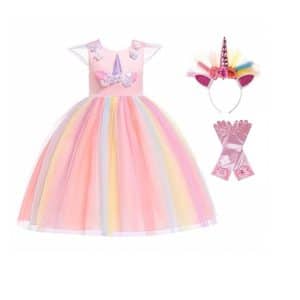Unicorn jurk + haarband + handschoenen - roze
