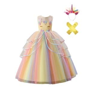 Unicorn jurk Geel + haarband & handschoenen