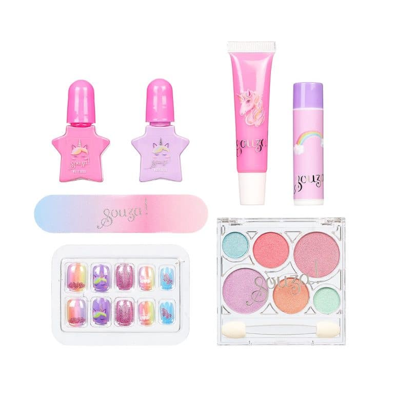 Unicorn makeup uit de Eenhoorn Beauty Set met roze en paarse flesjes, nagelvijl, oogschaduw en nagelstickers