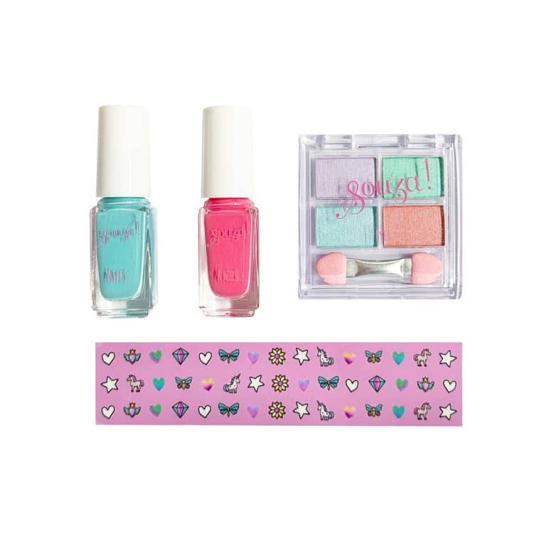 Kinder make up set voor ogen en nageltjes met roze en blauwe nagellak, oogschaduwpalet en eenhoornstickers