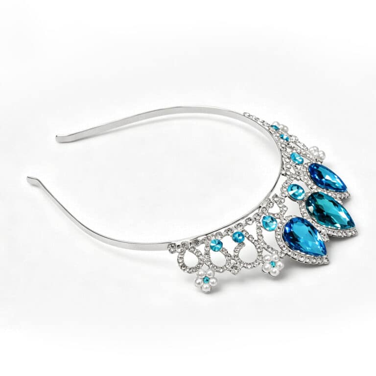 Blauwe Snowflake Celestia tiara met zilverkleurige versieringen en grote glanzende kristallen van Het Betere Merk