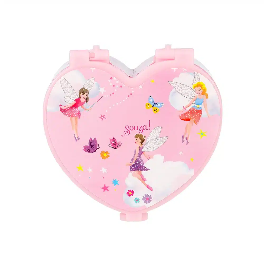 Souza kinder make-up set in roze hartvormig doosje met kleurrijke feeën, vlinders en sterren.