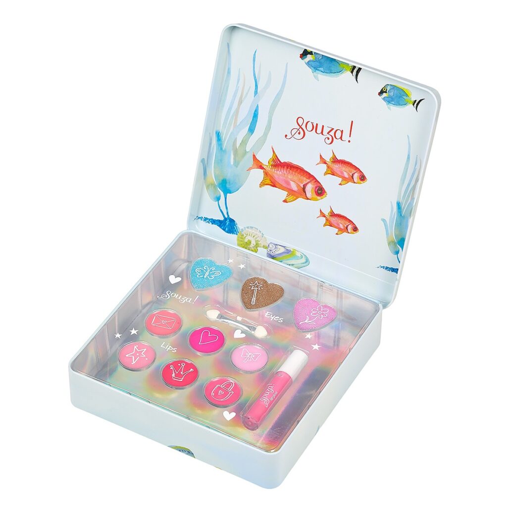 Souza kinder make-up set Zeemeermin in geopend metalen blik met kleurrijke oogschaduw, lipgloss en applicator.