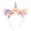 Souza eenhoorn diadeem voor kinderen met roze glitterhoorn, glinsterende pastel oortjes en bloemen in roze en lila.