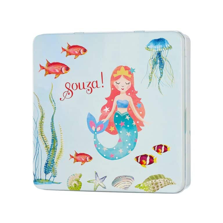 Souza kinder make-up set in lichtblauw metalen blik met zeemeermin, kleurrijke vissen, kwallen en zeesterren.