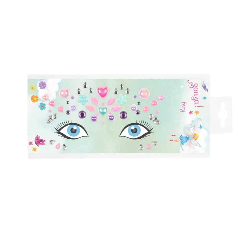 Souza gezichtsstickers Fairy met kleurrijke strass steentjes, roze hartjes, bloemen en glinsterende decoraties voor kinderen.