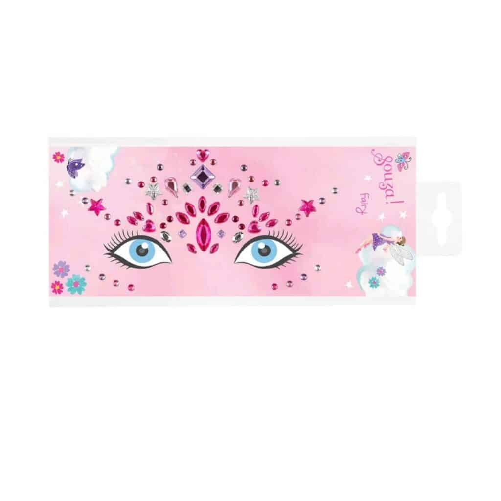 Souza gezichtsstickers Fairy Roze met glinsterende roze, paarse en zilveren strass steentjes, sterren en hartjes voor kinderen.